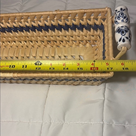 Woven Rectangular Basket with Ceramic Blue and White Handles - Picture 2 of 10